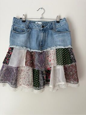 Free People Denim Patchwork Mini Skirt in Blue and Mixed Prints